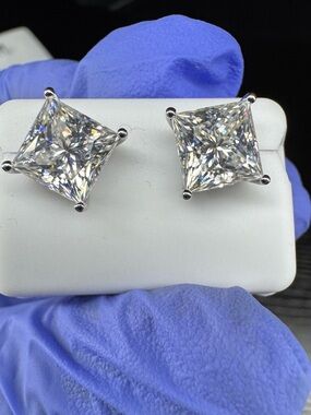 925 Sterling Sillver with Rhodium Finish Moissanite 4.00 CTW Princess Cut Studs